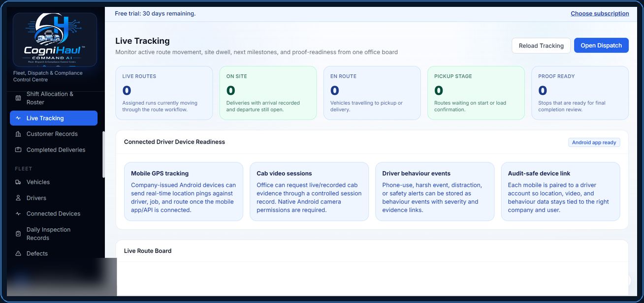 CogniHaul Command AI Live Tracking interface preview