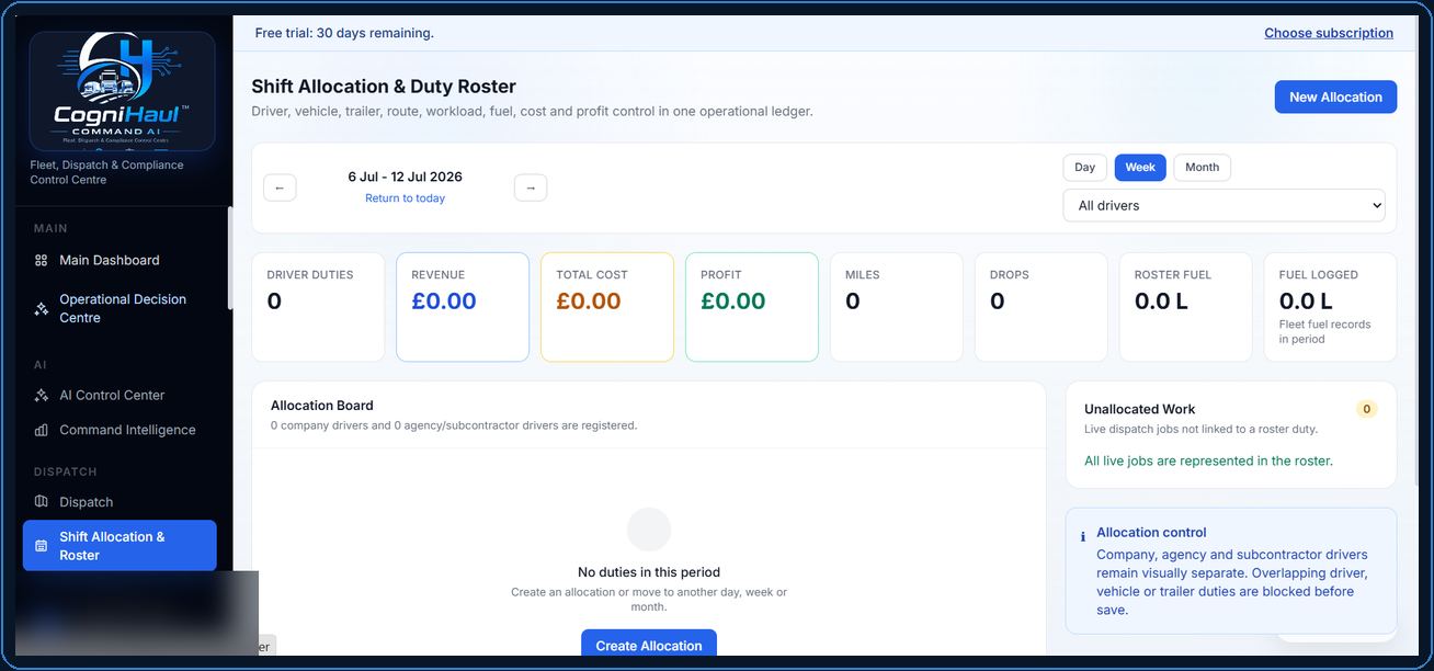 CogniHaul Command AI Shift Allocation and Duty Roster interface preview